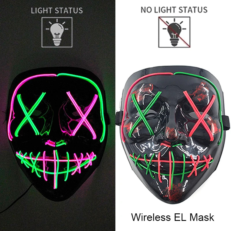 Máscara LED neón tricolor encendida y apagada