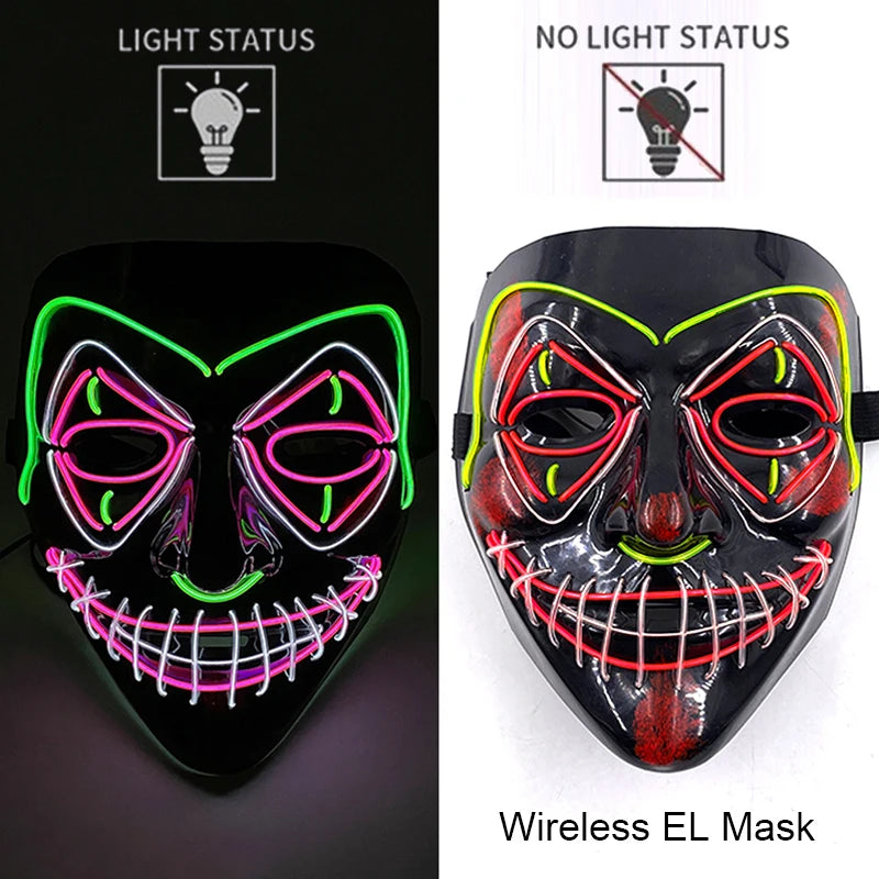 Máscara LED neón arlequín encendida y apagada