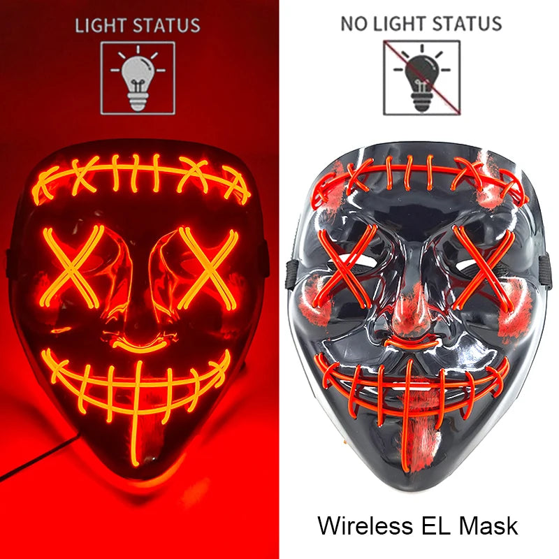 Máscara LED neón con puntadas rojas encendida y apagada