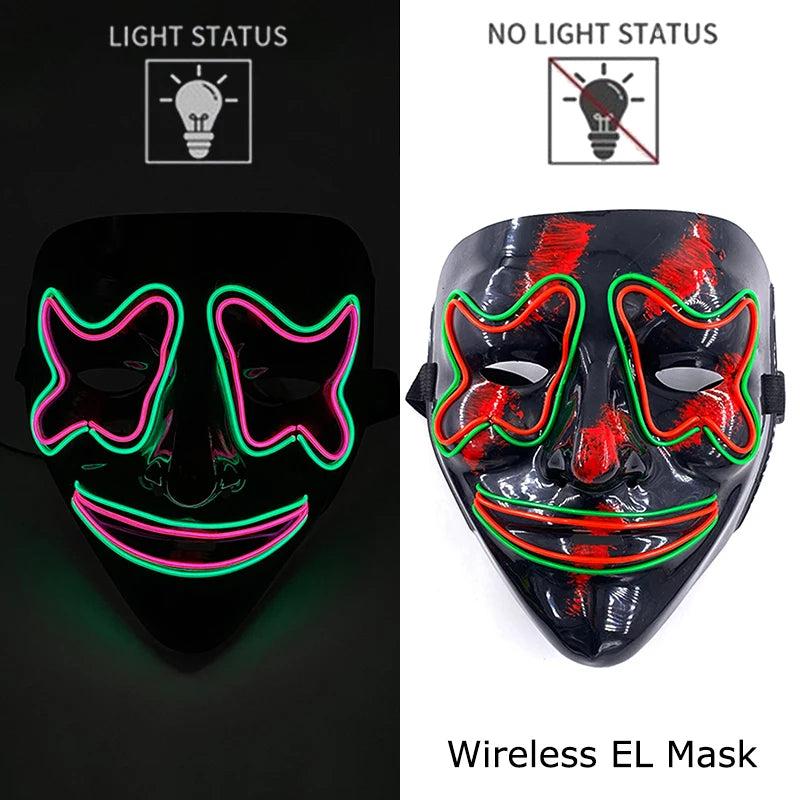 Máscara LED neón bufón encendida y apagada