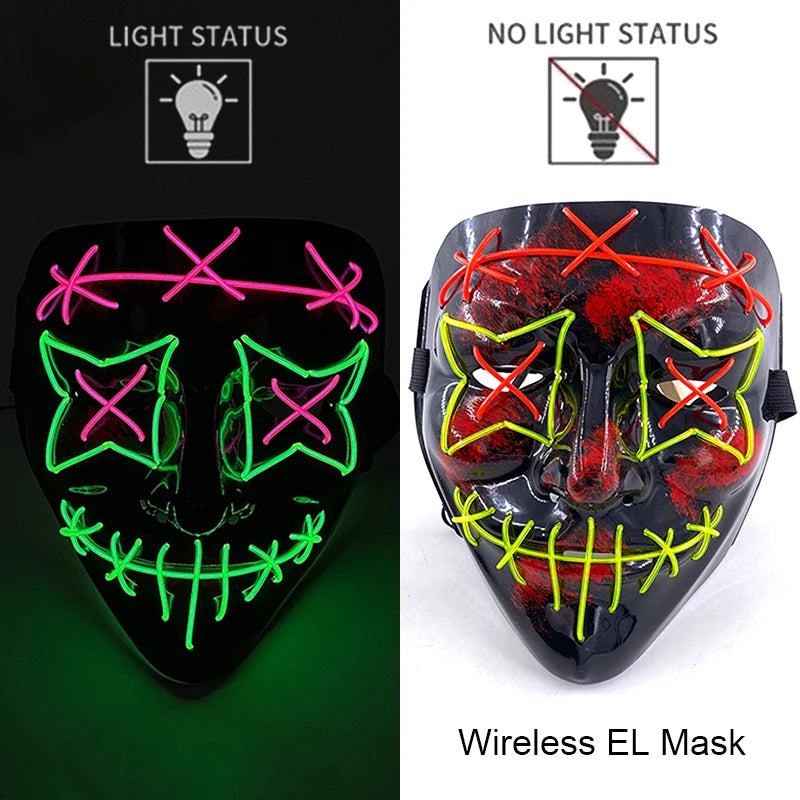 Máscara LED neón cosida multicolor encendida y apagada
