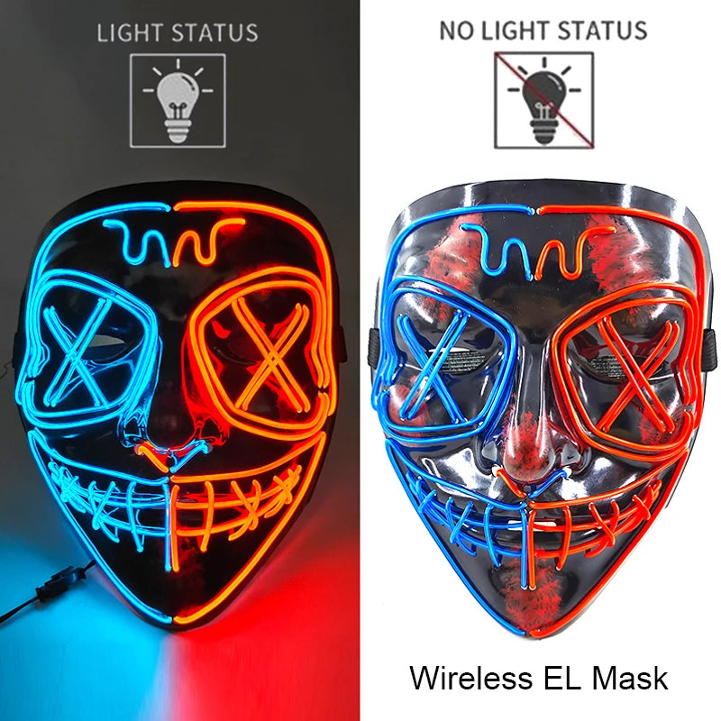 Máscara LED neón con ojos en espiral encendida y apagada