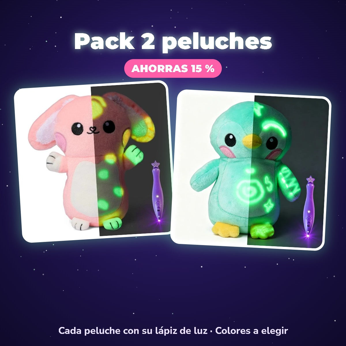 Pack 2 peluches luminosos