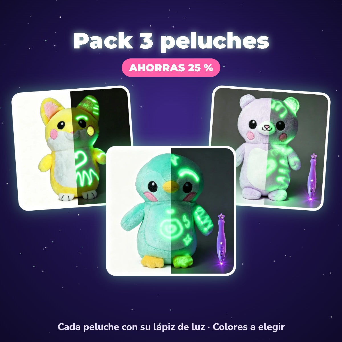 Pack 3 peluches luminosos