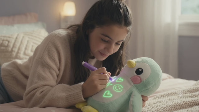 Dibujando corazones en el pingüino con el lápiz de luz