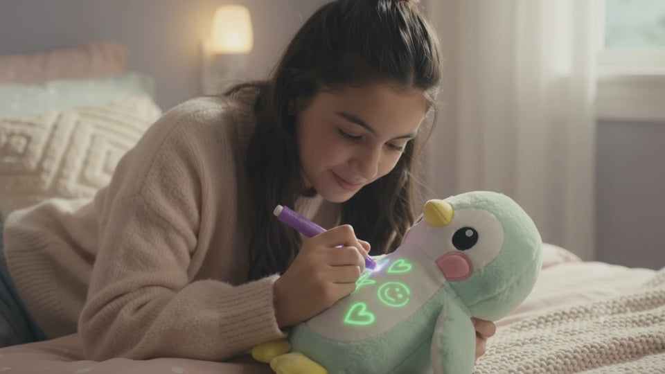 Dibujando corazones en el pingüino con el lápiz de luz