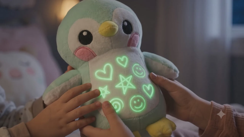 Pingüino con dibujos brillando en la oscuridad